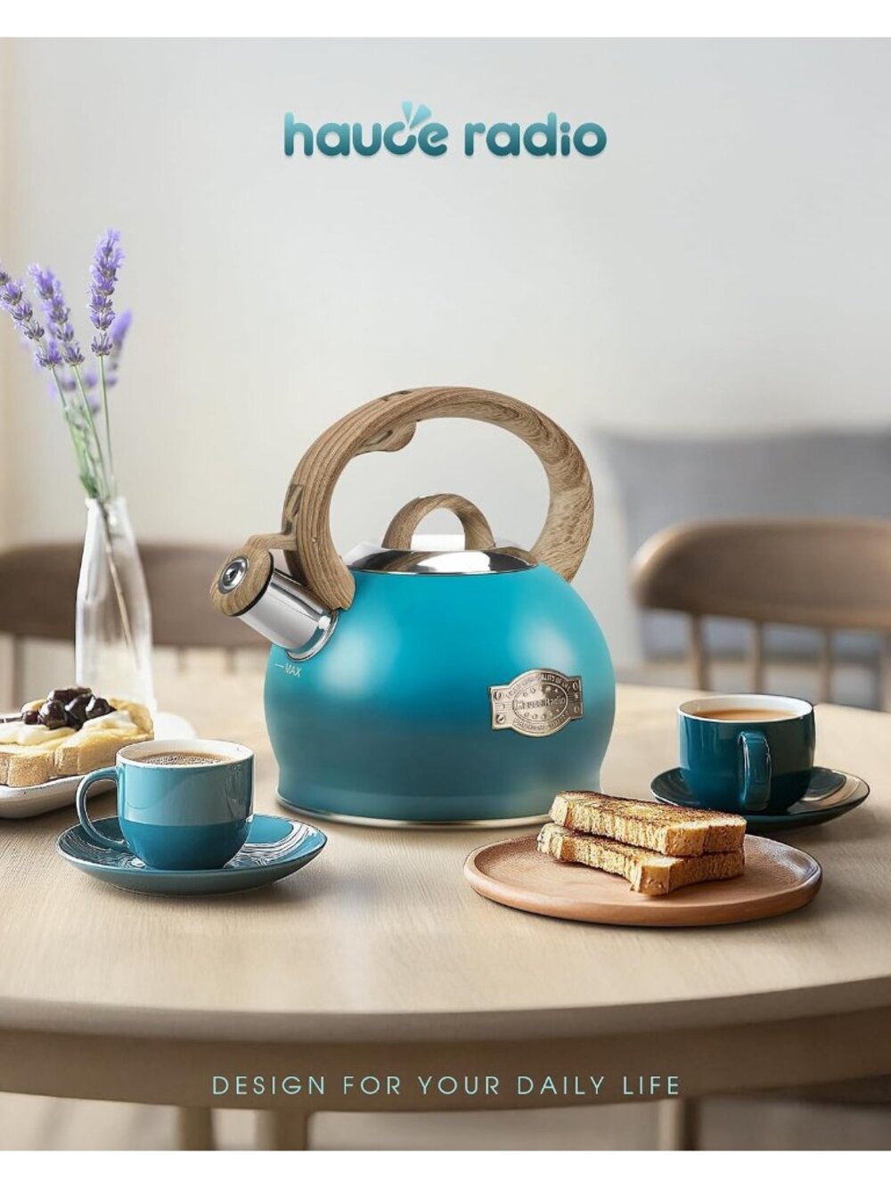 Dark Blue Whistling Tea kettle 2.1 QT Stainless Steel Stovetop with Wood Handle - Picture 5 of 6